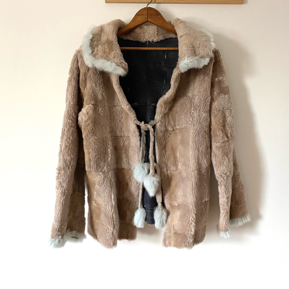 Vintage Rabbit Fur Jacket with Tie Front Tassels, Handmade Rustic Unlined Small